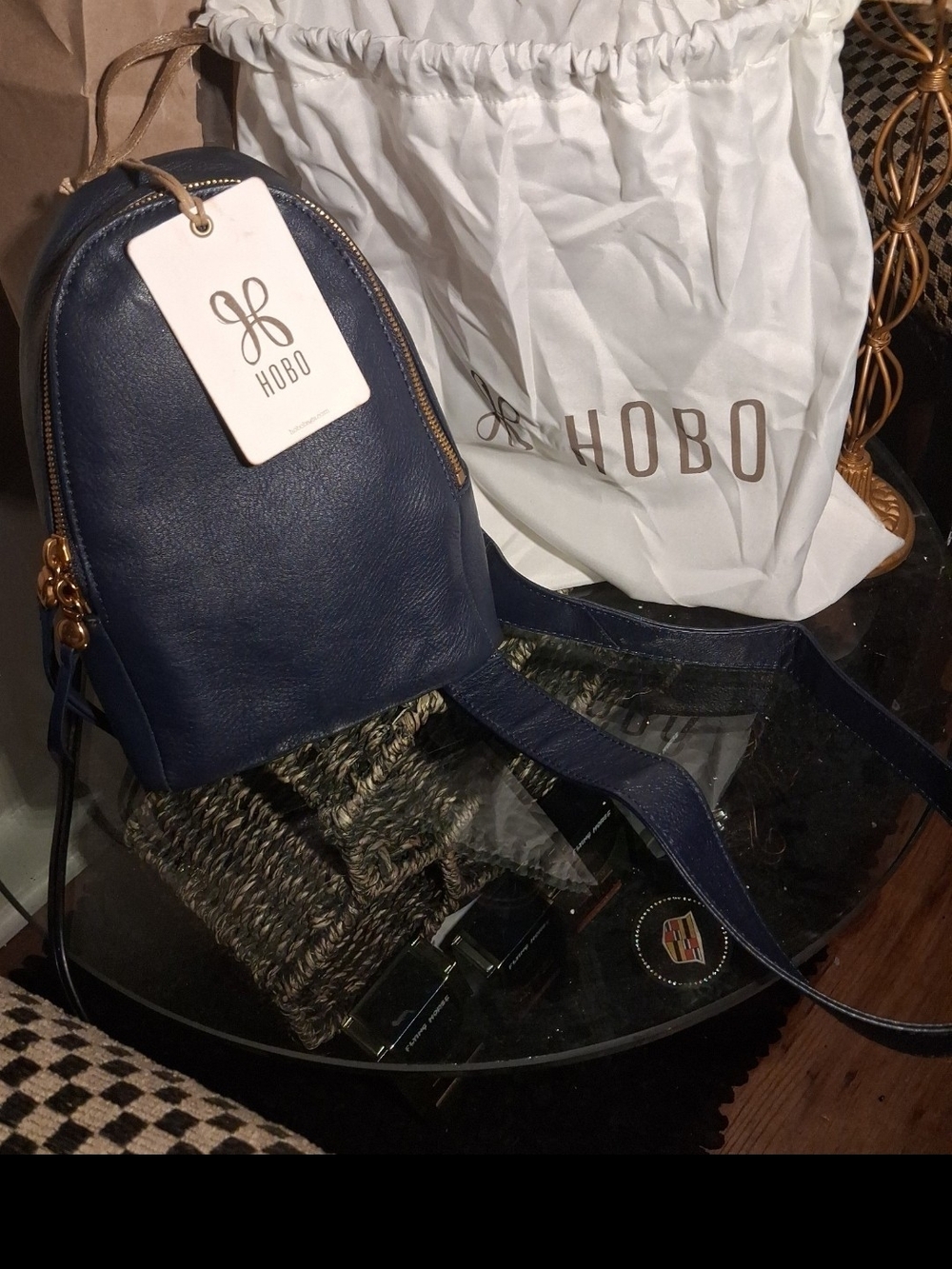 HOBO Navy Blue Leather Mini Backpack with Gold Hardware